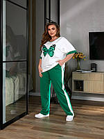Женский прогулочный весенний летний костюм батал футболка Бабочка прямые штаны с лампасами двунитка OS 52/54, Зеленый