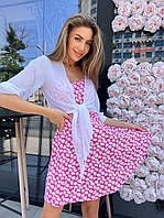 Красивое женское легкое летнее платье сарафан софт цветочный принт мини комплект двойка с рубашкой креп-шифон 42/44, Розовый