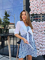 Красивое женское легкое летнее платье сарафан софт цветочный принт мини комплект двойка с рубашкой креп-шифон 44/46, Голубой