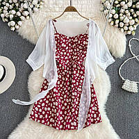 Красива жіноча легка літня сукня сарафан софт квітковий принт міні комплект двійка з сорочкою креп-шифон OS 42/44, Бордовий