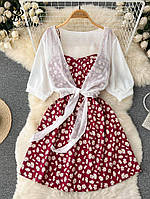 Красивое женское легкое летнее платье сарафан софт цветочный принт мини комплект двойка с рубашкой креп-шифон 44/46, Бордовый