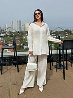 Летний легкий женский льняной брючный костюм двойка рубашка с широкими штанами лен жатка свободного кроя OS 52/54, Молочный