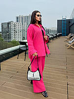 Летний легкий женский льняной брючный костюм двойка рубашка с широкими штанами лен жатка свободного кроя OS 52/54, Малина