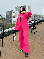 Летний легкий женский льняной брючный костюм двойка рубашка с широкими штанами лен жатка свободного кроя OS 56/58, Малина