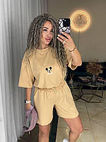 Летний женский прогулочный спортивный костюм Микки Маус из двунитки футболка и шорты OS 42/44, Бежевый
