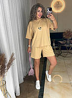 Летний женский прогулочный спортивный костюм Микки Маус из двунитки футболка и шорты OS 46/48, Бежевый