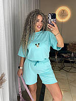 Летний женский прогулочный спортивный костюм Микки Маус из двунитки футболка и шорты OS 42/44, Мята