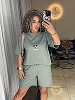 Летний женский прогулочный спортивный костюм Микки Маус из двунитки футболка и шорты OS 42/44, Олива