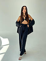 Легкий базовый летний женский брючный костюм тройка турецкая креп жатка топ удлиненная рубашка брюки OS