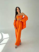 Легкий базовый летний женский брючный костюм тройка турецкая креп жатка топ удлиненная рубашка брюки OS 44/46, Оранж