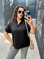 Женская легкая базовая летняя блузка воротник стойкой льняная футболка лён батал больших размеров хлопок OS