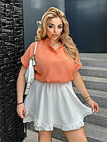 Женская легкая базовая летняя блузка воротник стойкой льняная футболка лён батал больших размеров хлопок OS Oversize 48/52, Оранжевый
