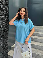 Женская легкая базовая летняя блузка воротник стойкой льняная футболка лён батал больших размеров хлопок OS 54/58, Голубой
