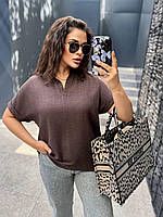 Женская легкая базовая летняя блузка воротник стойкой льняная футболка лён батал больших размеров хлопок OS 54/58, Шоколад