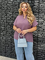 Женская легкая базовая летняя блузка воротник стойкой льняная футболка лён батал больших размеров хлопок OS Oversize 48/52, Сиреневый