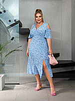 Жіноча легка ошатна літня базова сукня міді на запах софт принт великих розмірів батал відкриті плечі OS