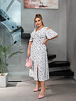 Женское легкое нарядное летнее базовое платье миди на запах софт принт больших размеров батал OS 52/54, Молочный