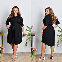 Женское легкое нарядное летнее базовое платье рубашка с поясом на пуговицах софт больших размеров батал 56/58, Черный
