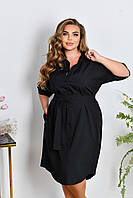 Женское легкое нарядное летнее базовое платье рубашка с поясом на пуговицах софт больших размеров батал 60/62, Черный