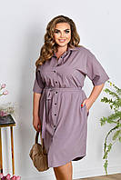 Женское легкое нарядное летнее базовое платье рубашка с поясом на пуговицах софт больших размеров батал 48/50, Графит