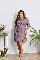 Женское легкое нарядное летнее базовое платье рубашка с поясом на пуговицах софт больших размеров батал 52/54, Графит