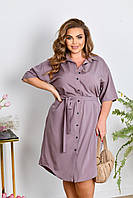 Женское легкое нарядное летнее базовое платье рубашка с поясом на пуговицах софт больших размеров батал 56/58, Графит