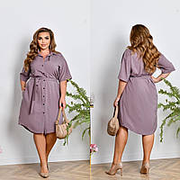 Женское легкое нарядное летнее базовое платье рубашка с поясом на пуговицах софт больших размеров батал 60/62, Графит