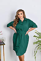 Женское легкое нарядное летнее базовое платье рубашка с поясом на пуговицах софт больших размеров батал 60/62, Зеленый