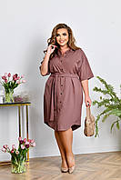 Женское легкое нарядное летнее базовое платье рубашка с поясом на пуговицах софт больших размеров батал 48/50, Мокко