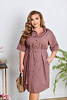 Женское легкое нарядное летнее базовое платье рубашка с поясом на пуговицах софт больших размеров батал 56/58, Мокко