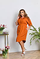 Женское легкое нарядное летнее базовое платье рубашка с поясом на пуговицах софт больших размеров батал 56/58, Терракот