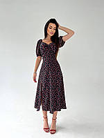 Красивое нежное нарядное летнее женское платье миди цветочный софт принт с коротким рукавом с разрезом OS