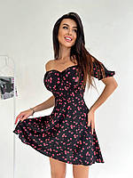 Стильное прогулочное летнее женское короткое мини платье сарафан цветочный софт принт с коротким рукавом OS 44/46, Черный