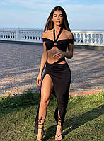 Черный женский летний эффектный костюм-двойка микромасло: Длинная юбка с высоким разрезом и топ-лиф