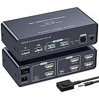 Двойной монитор KVM-переключатель 2 порта для 2 компьютеров 4K60HZ 4 USB-устройства