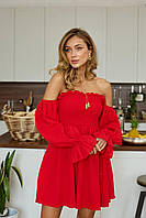 Идеальное воздушное праздничное короткое легкое летнее муслиновое платье мини хлопок 100% рукав фонарик Красный, 48/52