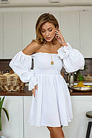Идеальное воздушное праздничное короткое легкое летнее муслиновое платье мини хлопок 100% рукав фонарик Белый, 42/46
