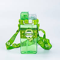 Дитяча пляшка для води із трубочкою 500 мл багаторазова з ремінцем Зелена