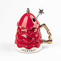 Кружка керамическая Christmas Tree 460мл с крышкой и палочкой для размешивания чашка с крышкой Красный
