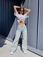 Жіночий стильні світлі джинси палаццо прямого крою з ефектом варенки на високу посадку