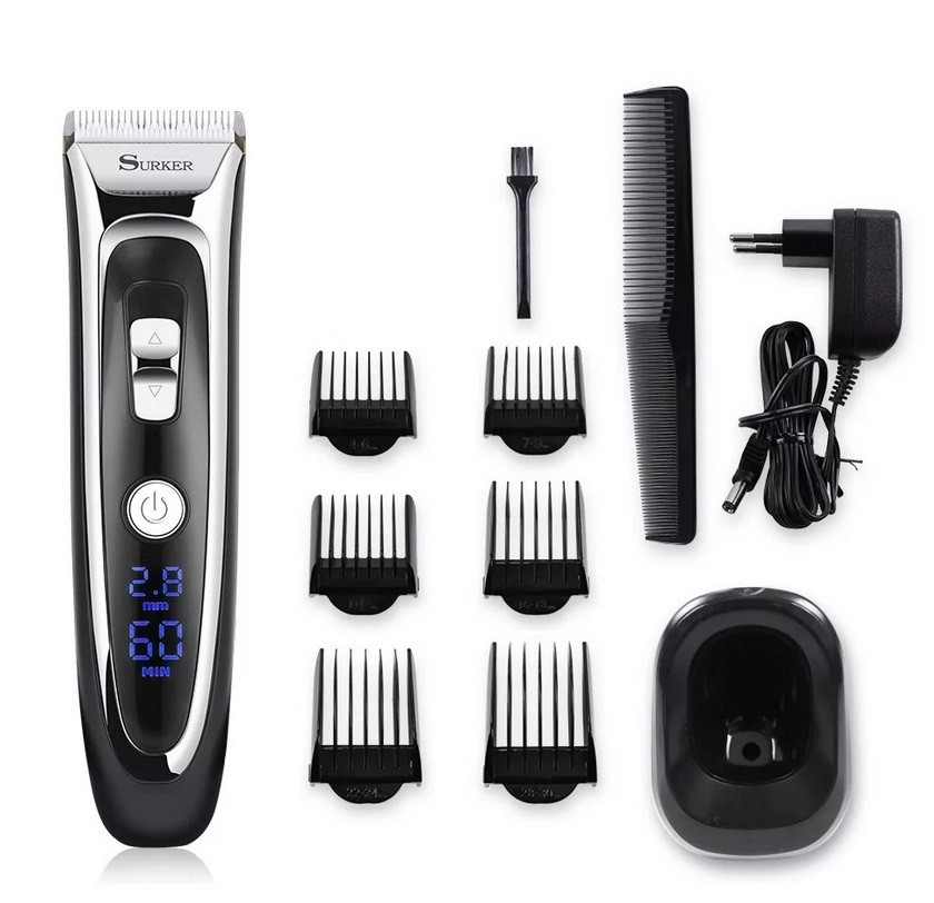 Машинка для стрижки Surker RFC-688B (6 насадки, LED дисплей, зарядний пристрій), фото 1