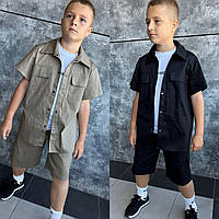Костюм летний для мальчика подростка рубашка и шорты 134-164: бежевый, черный | Костюм с шортами для мальчика