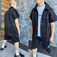 Костюм летний для мальчика подростка рубашка и шорты 134-164: бежевый, черный | Костюм с шортами для мальчика Черный, 146-152