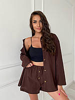 Женский летний костюмчик из льна рубашка с шортами коричневый