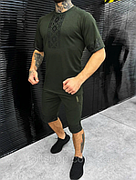 Мужской летний костюм футболка вышиванка хаки с коротким рукавом орнаментом на груди комплект шорты