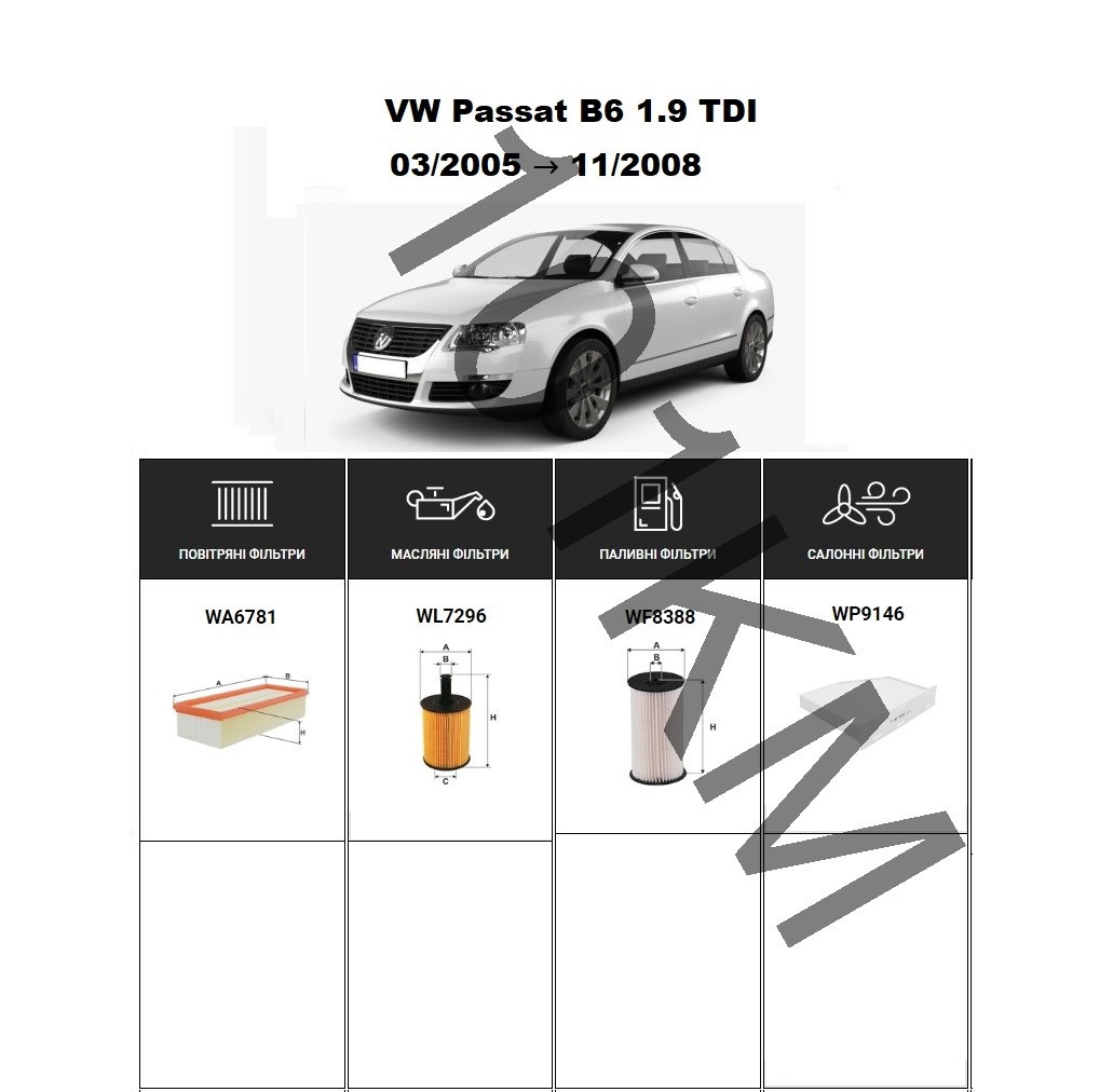 Комплект фільтрів VW Passat B6 1.9 TDI (2005-2008) WIX, фото 1