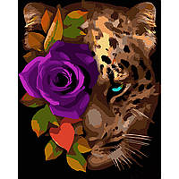 Картина по номерам на черном холсте Леопард с розой 40х50см Картины раскраски по цифрам животные StrategАН1002