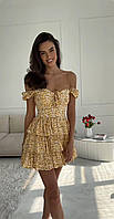 Женское штапельное короткое желтое платье принт с пышной юбкой 42-44