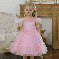 Детское нарядное платье с коротким рукавом розовое в мушку