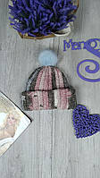 Женская зимняя вязаная шапка с отворотом и помпоном розово серая Размер универсальный